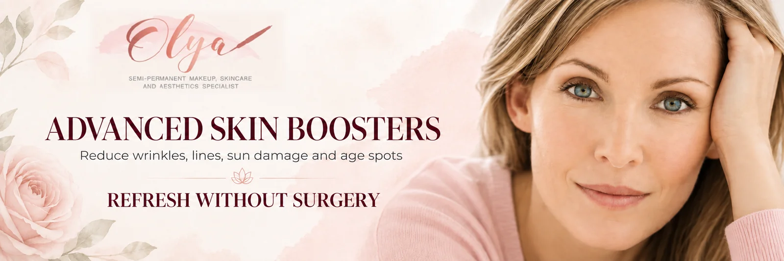 Advanced skin boosters banner with a portrait of a woman.