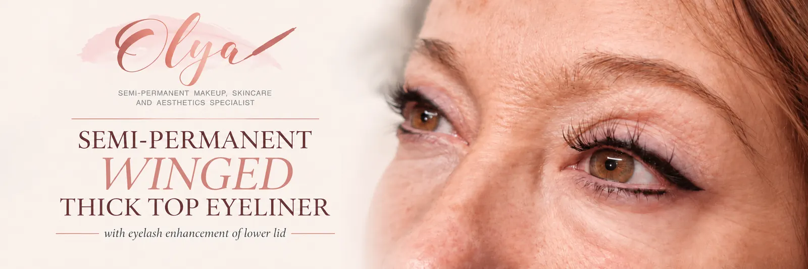 Winged thick top eyeliner with lower-lid eyelash enhancement.
